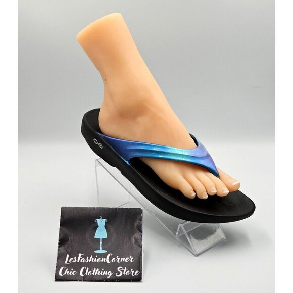 Oofos Women's Iridescent Black & Blue Oolala Luxe Flip Flops Size W10 2831 - Picture 15 of 16